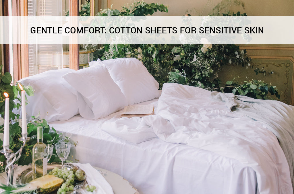 Beautiful bedroom with soft white Pizuna cotton sheets ideal for sensitive skin