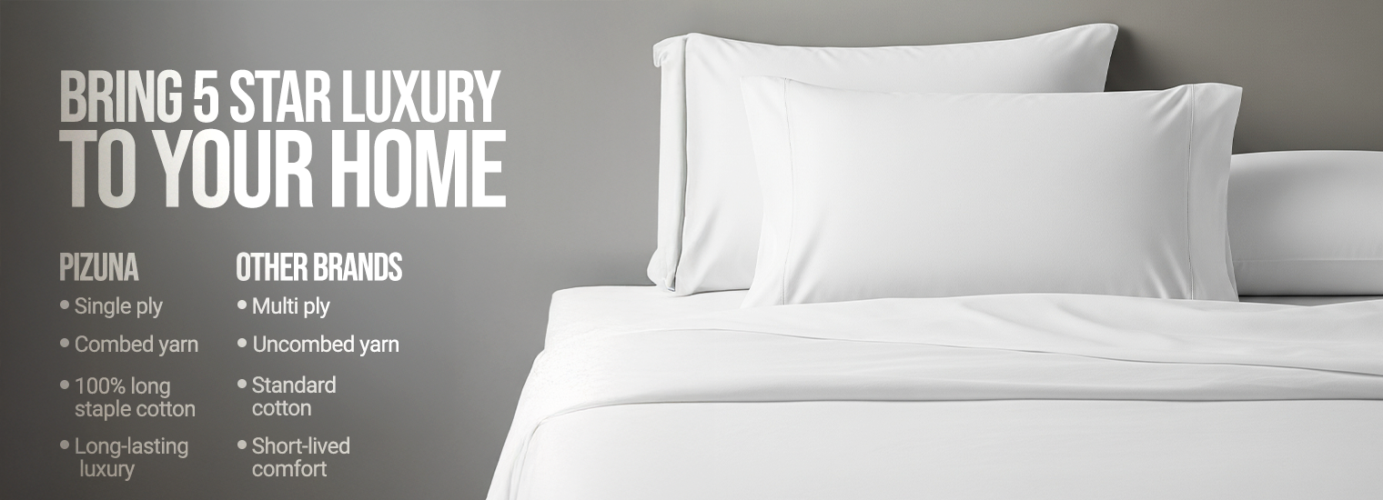 Luxury bed pillows and premium cotton bedding by Pizuna made with single ply combed yarn 100% long staple cotton and long lasting luxury comfort.

