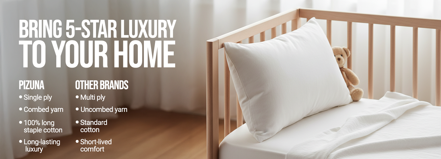 Luxury bed pillows and premium cotton bedding by Pizuna made with single ply combed yarn, 100% long staple cotton and long-lasting luxury comfort, safe and gentle for kids