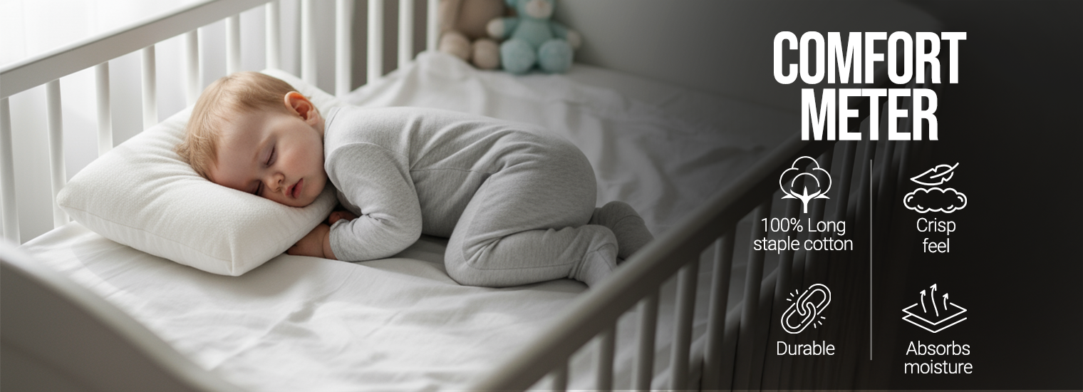 Pizuna comfort meter showing 100% long staple cotton bedding with crisp feel, durable fabric and high moisture absorbency for long-lasting luxury comfort, gentle and safe for kids