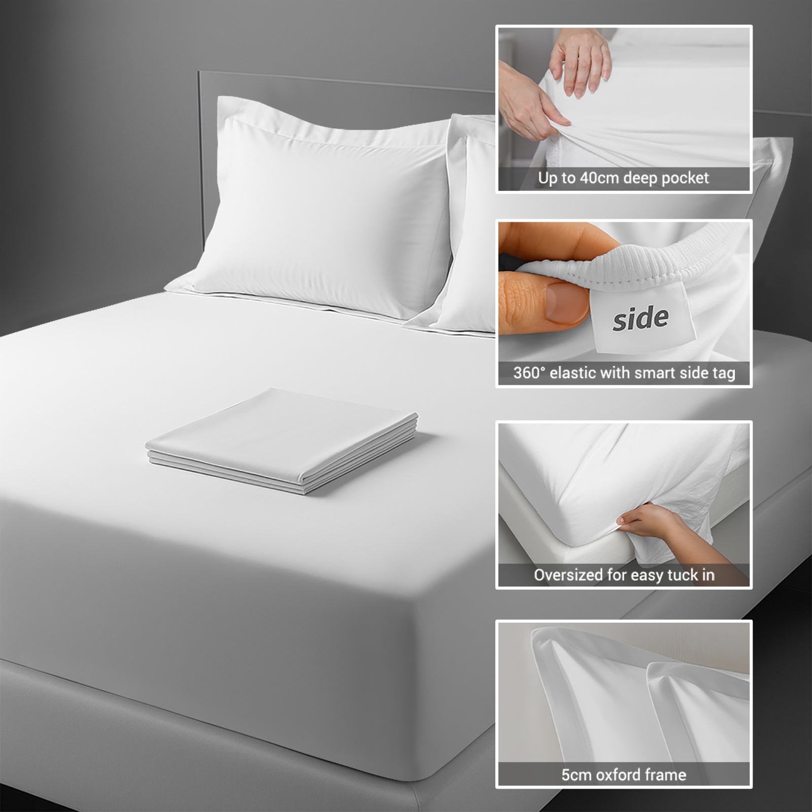 400 thread count bed sheet set super king size white cotton 4 piece with 40cm deep pockets and SmartSide tag