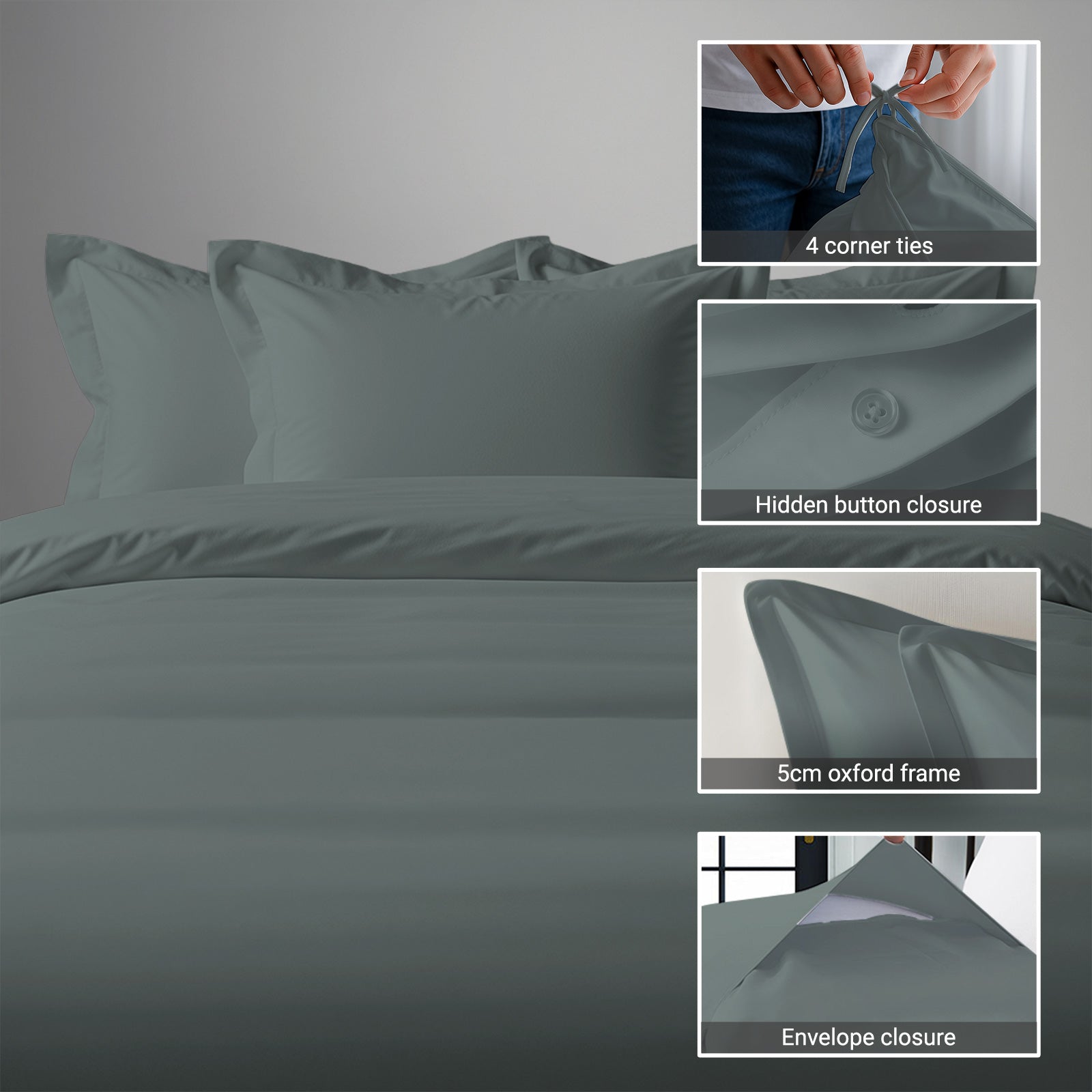 Pizuna dark grey king cotton duvet cover 3 piece 1000 thread count with hidden button closure and corner ties plus oxford pillowcases