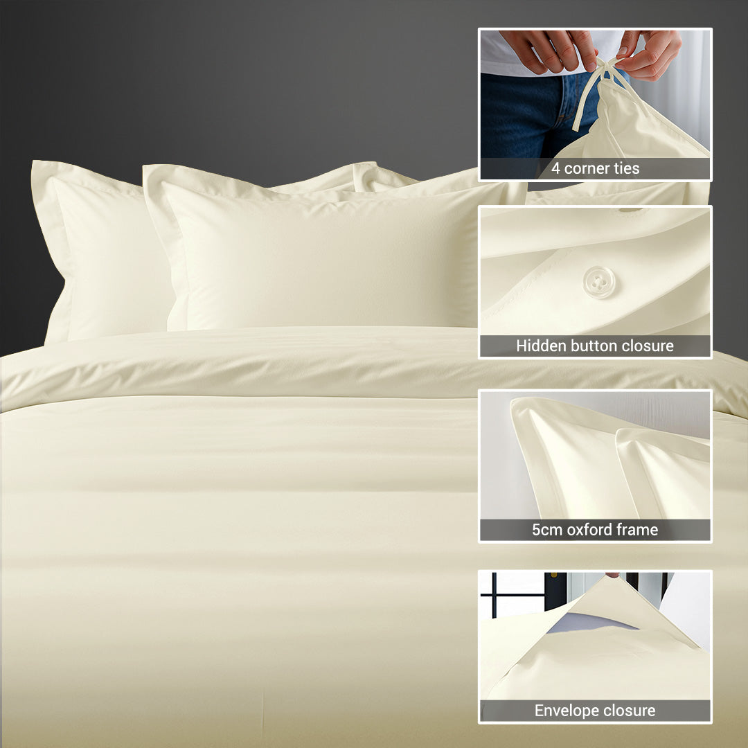 Ivory super king cotton percale duvet cover 3 piece with hidden button closure and 4 corner ties
