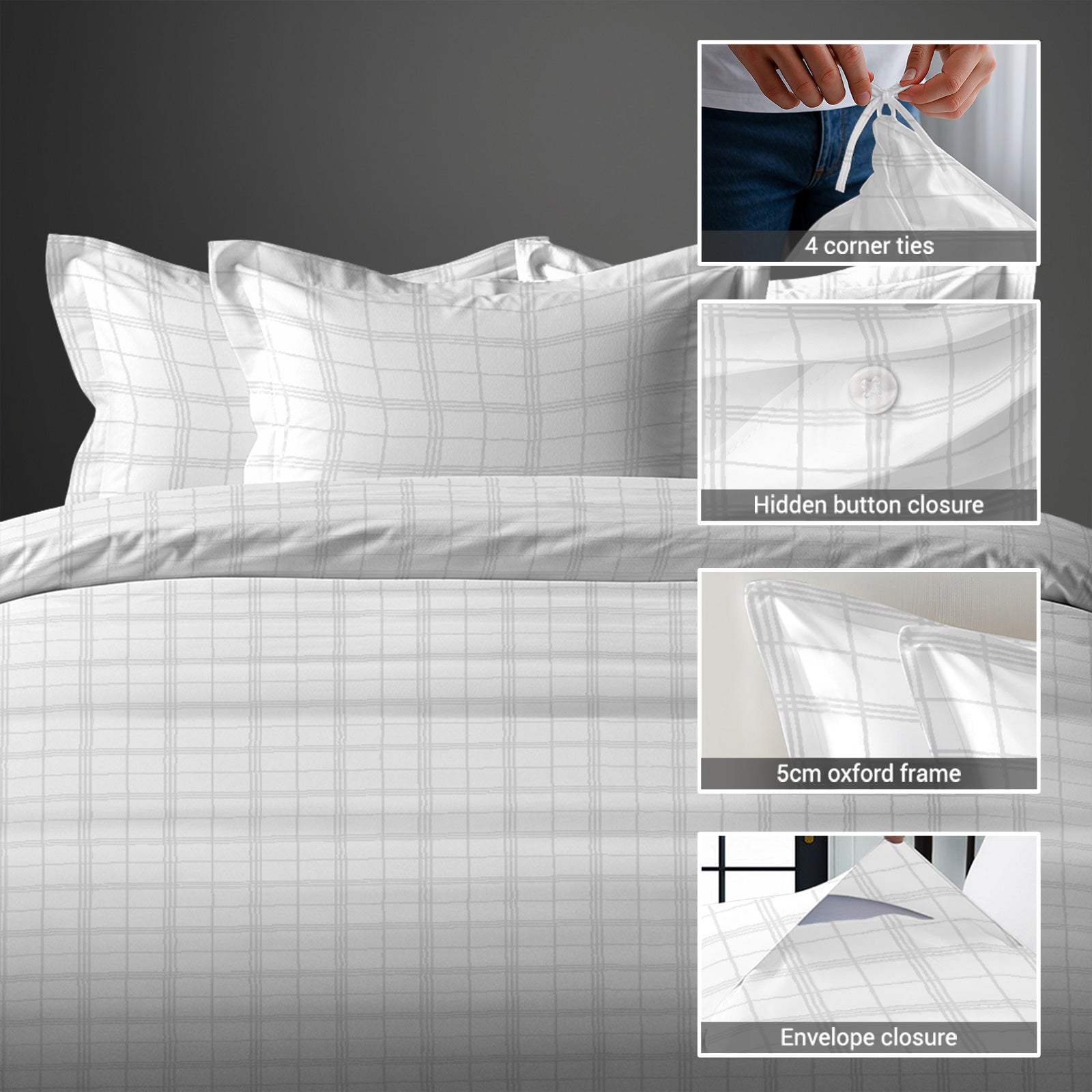 White checks damask super king duvet cover 3 piece 300 thread count with hidden button closure and 4 corner ties