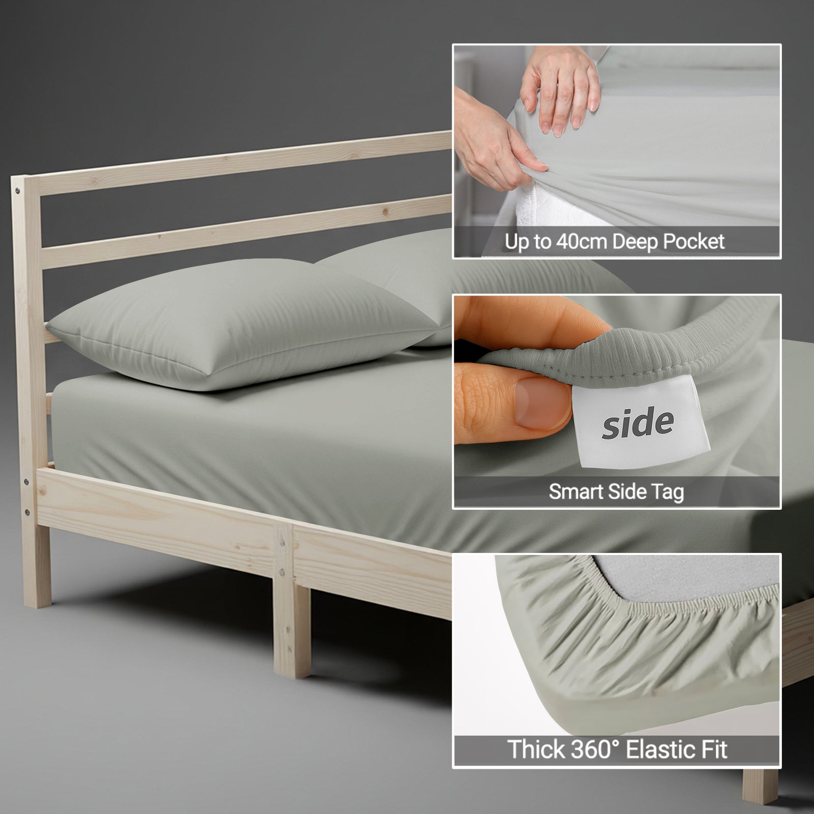 Single size silver fitted sheet 1000 thread count plus 40 cm deep pockets 360 elastic Smart Side indicators tight fit
