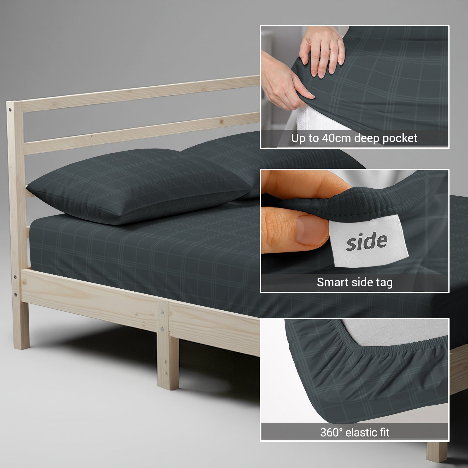 360 all around elastic Anthracite Grey big checks fitted sheet king 40cm deep pocket tight fitting