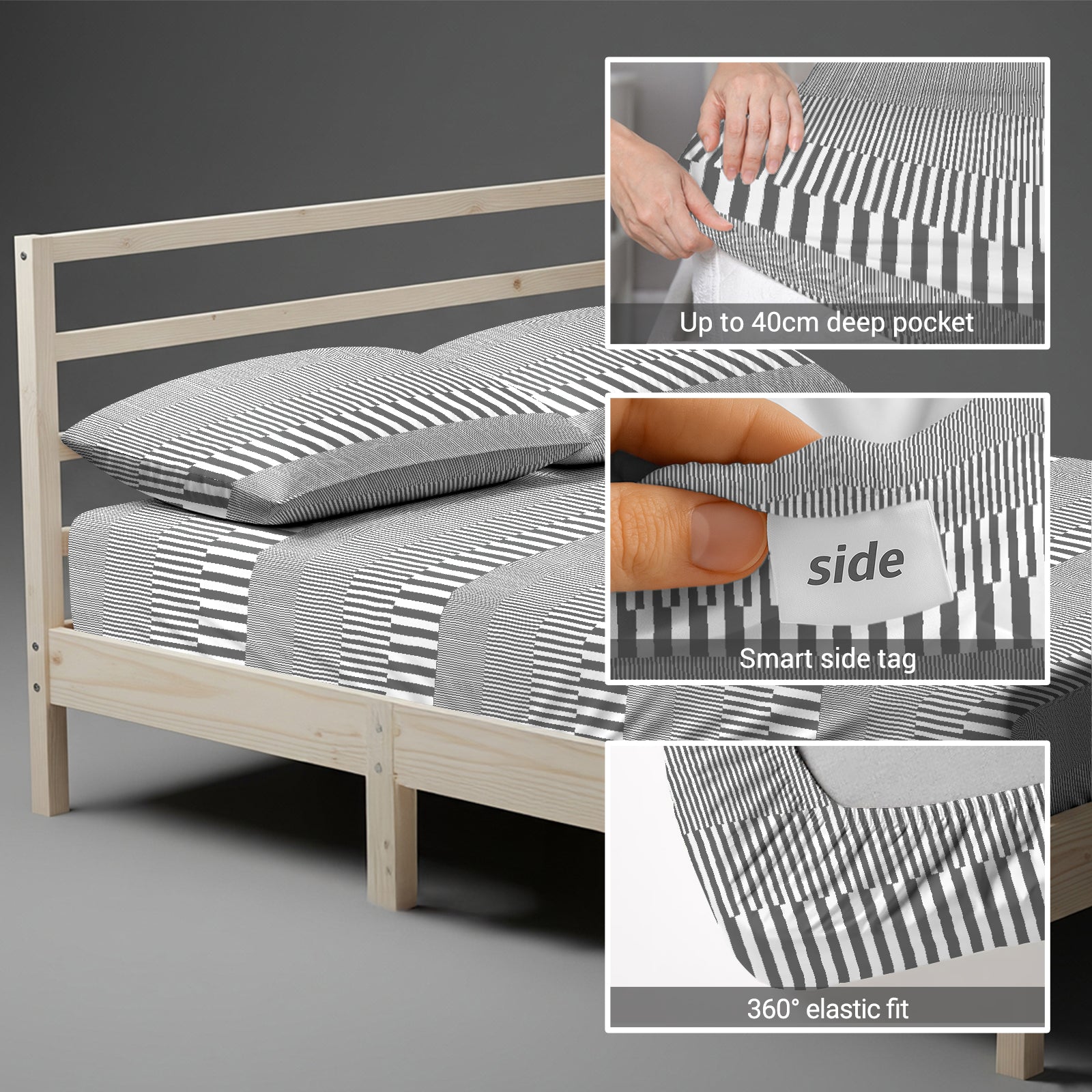 Emperor fitted cotton bedsheet Cascade Stripe Grey 400 thread count with 40 cm deep pockets and SmartSide tag
