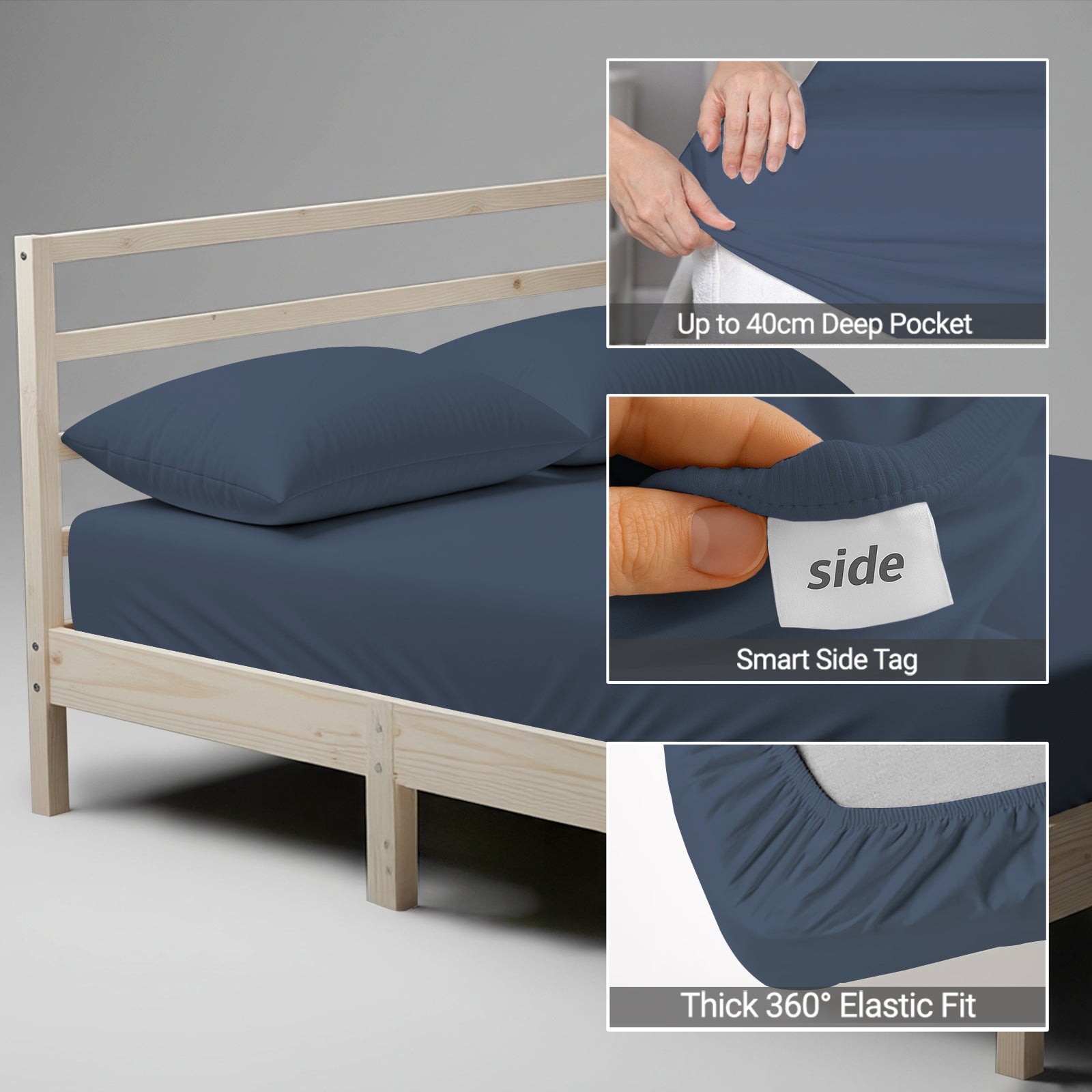 King size dark blue fitted sheet 1000 thread count plus 40 cm deep pockets 360 elastic Smart Side indicators tight fit