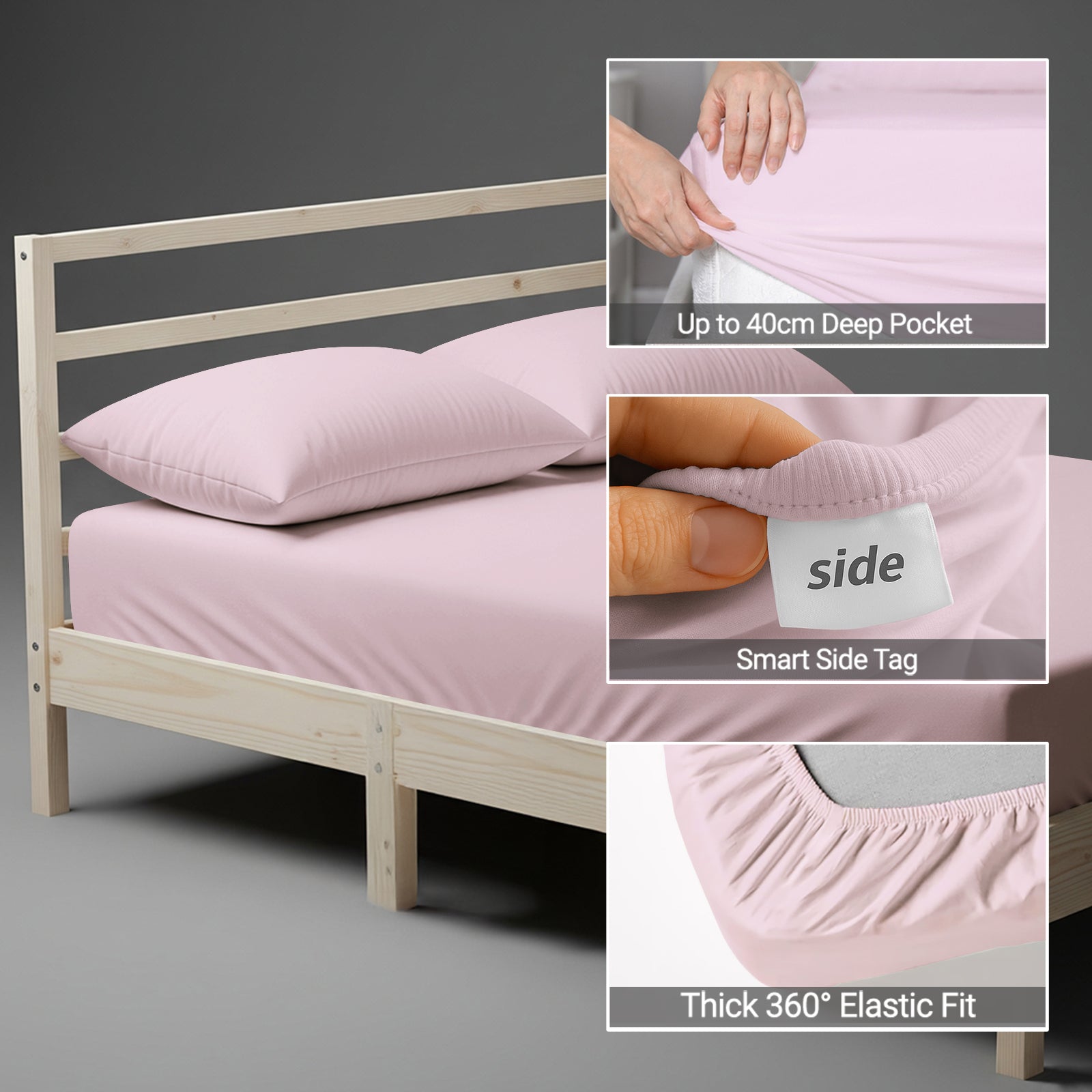 Light pink king size fitted sheet with 40 cm deep pockets Smart Side tag 360 elastic seamless 600 thread count