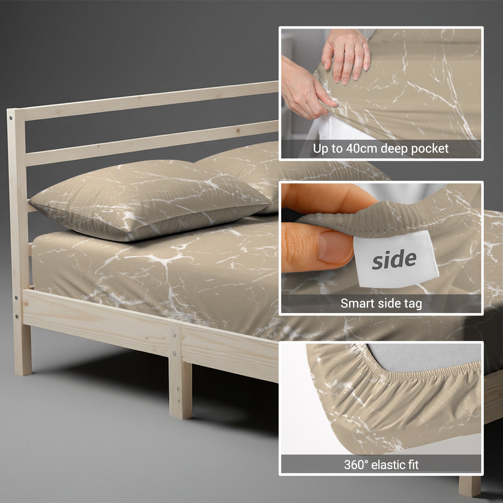 King size fitted cotton bedsheet Marble Taupe 400 thread count with 40 cm deep pockets and SmartSide tag