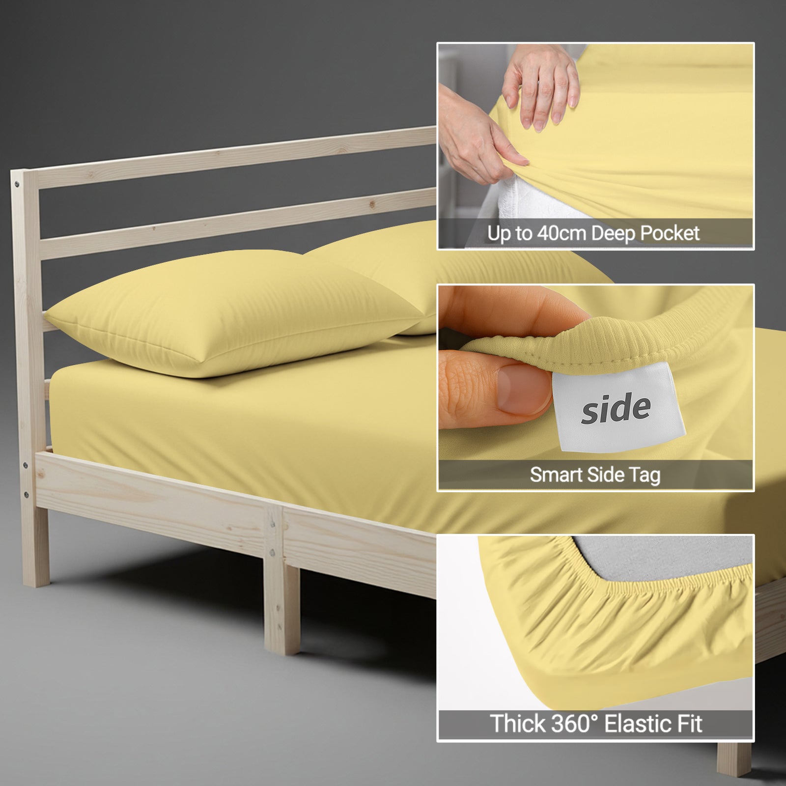 Mellow yellow super king size fitted sheet with 40 cm deep pockets Smart Side tag 360 elastic seamless 600 thread count
