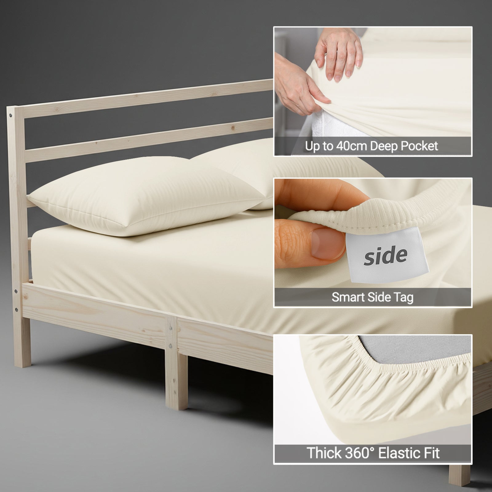 Eu single size ivory fitted sheet 1000 thread count plus 40 cm deep pockets 360 elastic Smart Side indicators tight fit