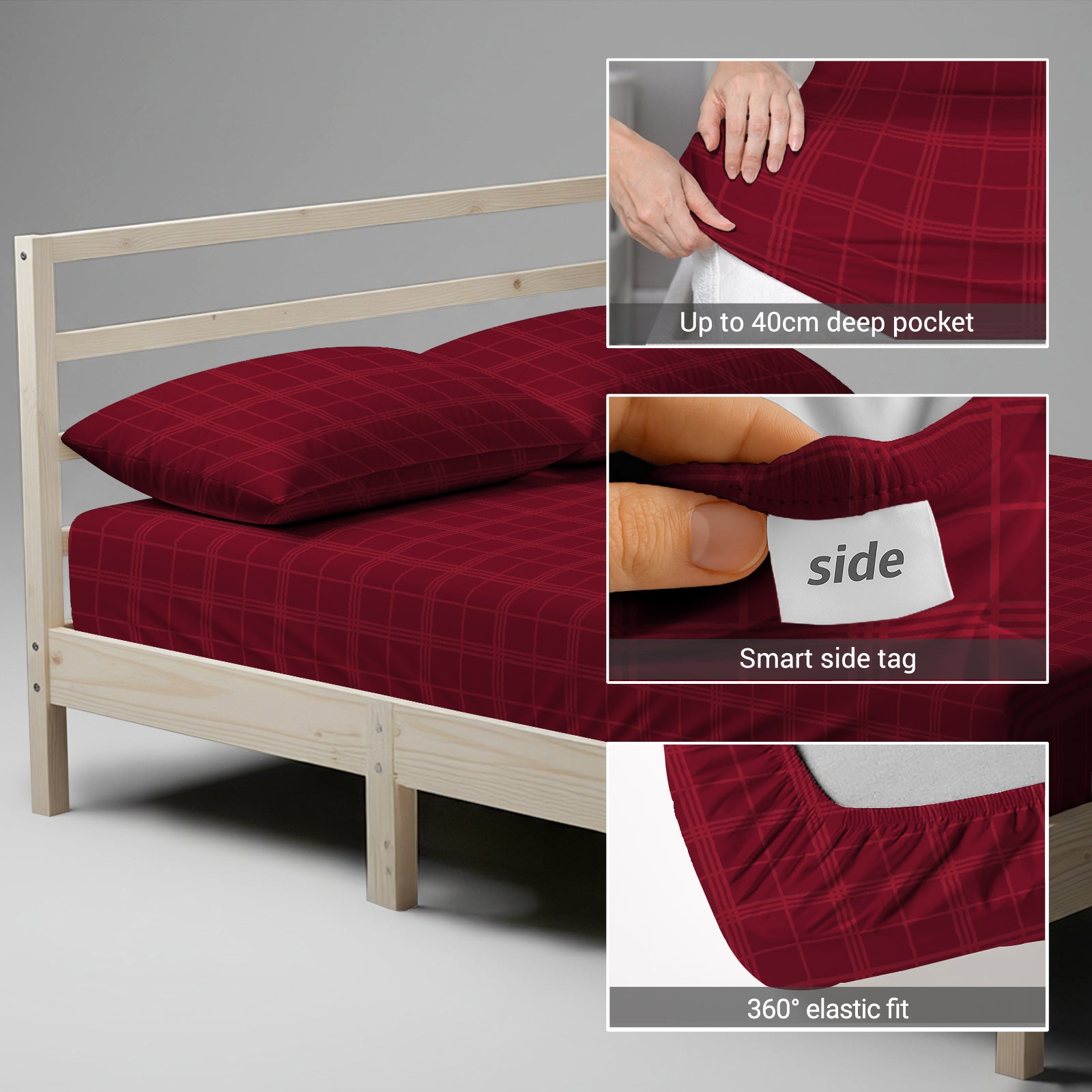 360 all around elastic Red big checks fitted sheet super king 40cm deep pocket tight fitting
