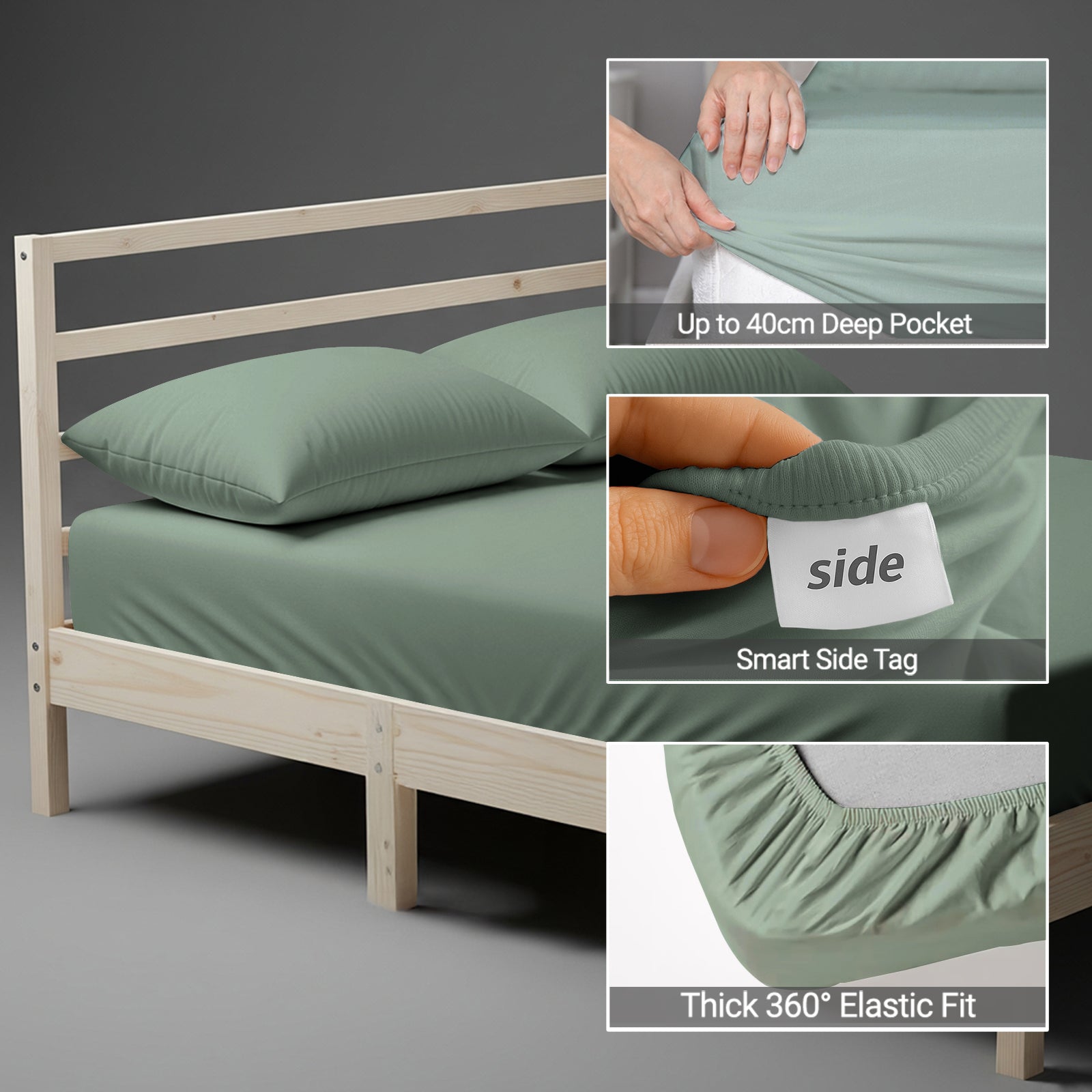 Sea foam emperor size fitted sheet with 40 cm deep pockets Smart Side tag 360 elastic seamless 600 thread count