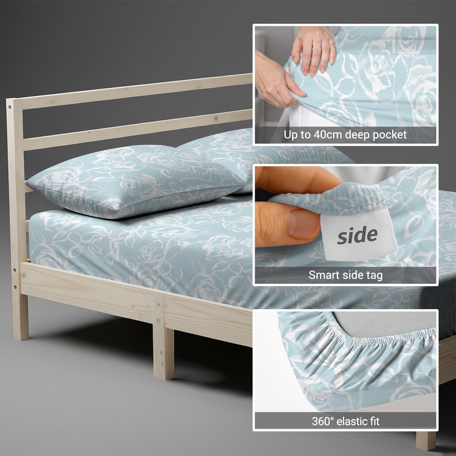 EU Single fitted cotton bedsheet Simply Floral Blue 400 thread count with 40 cm deep pockets and SmartSide tag