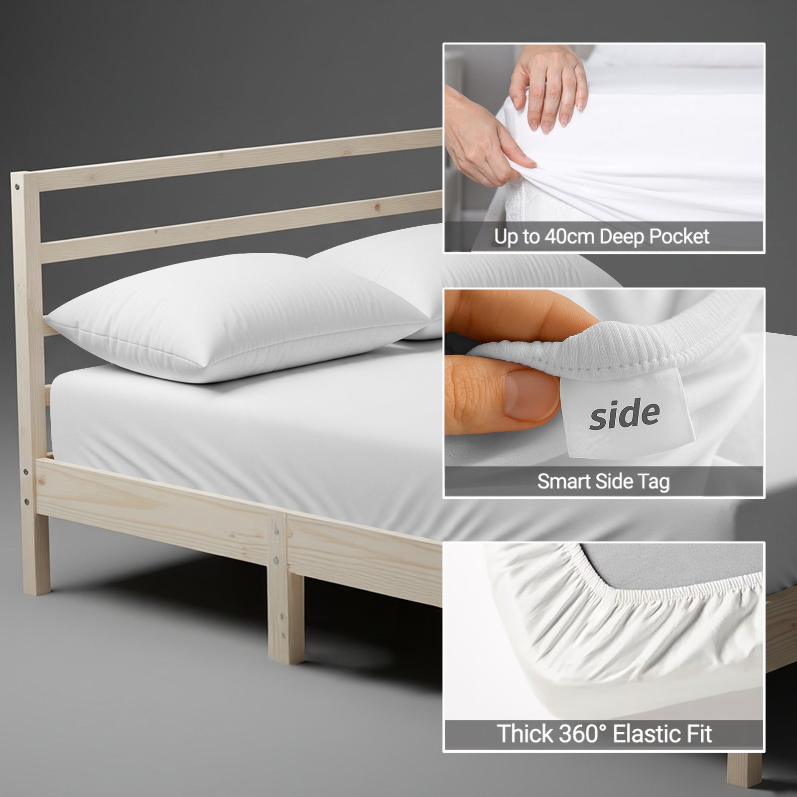 White single size fitted sheet with 40 cm deep pockets Smart Side tag 360 elastic seamless 600 thread count