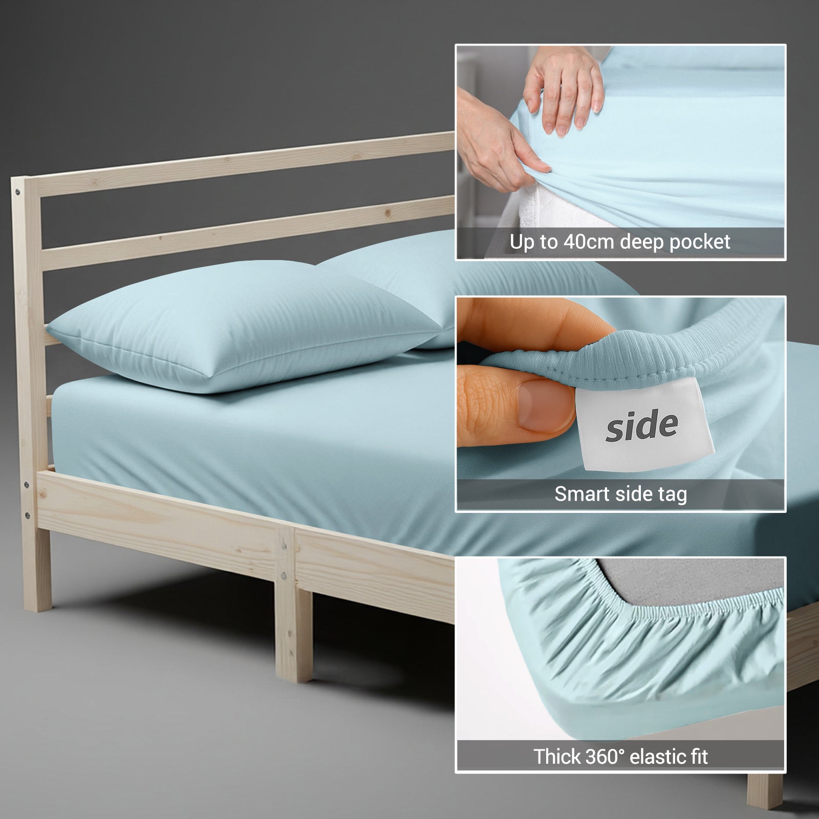 Cotton percale super king size baby blue fitted sheet with 40 cm deep pocket 360 all around elastic and SmartSide tag