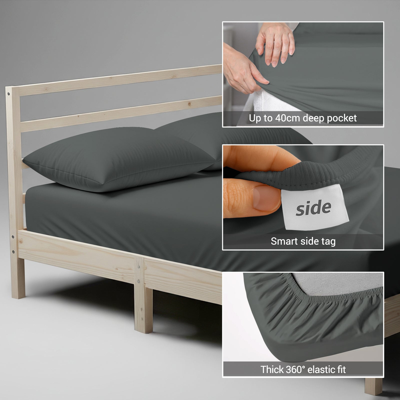 Cotton percale king size dark grey fitted sheet with 40 cm deep pocket 360 all around elastic and SmartSide tag