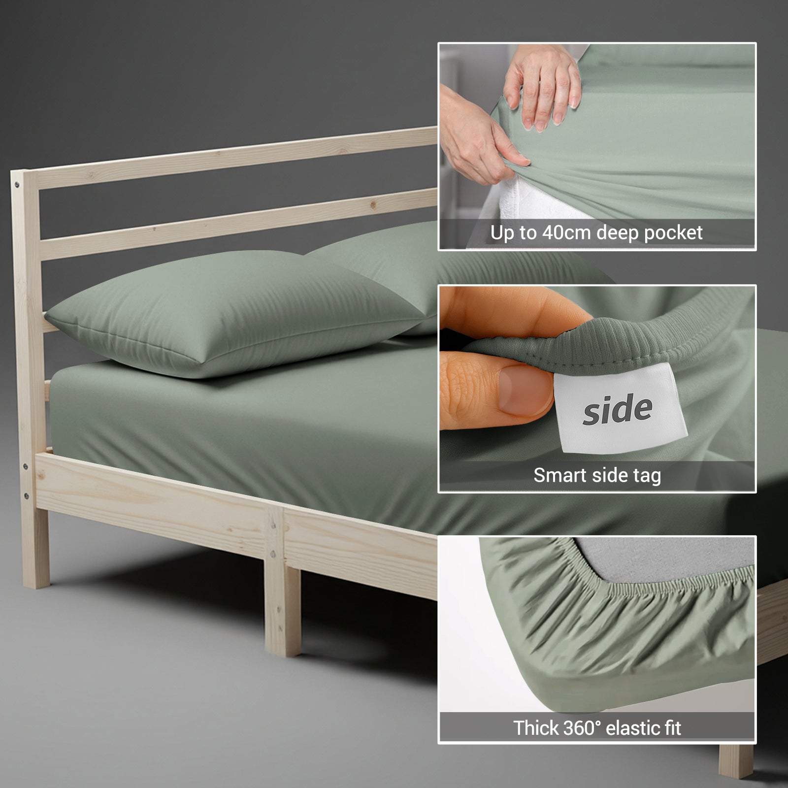 Cotton percale king size sea foam fitted sheet with 40 cm deep pocket 360 all around elastic and SmartSide tag