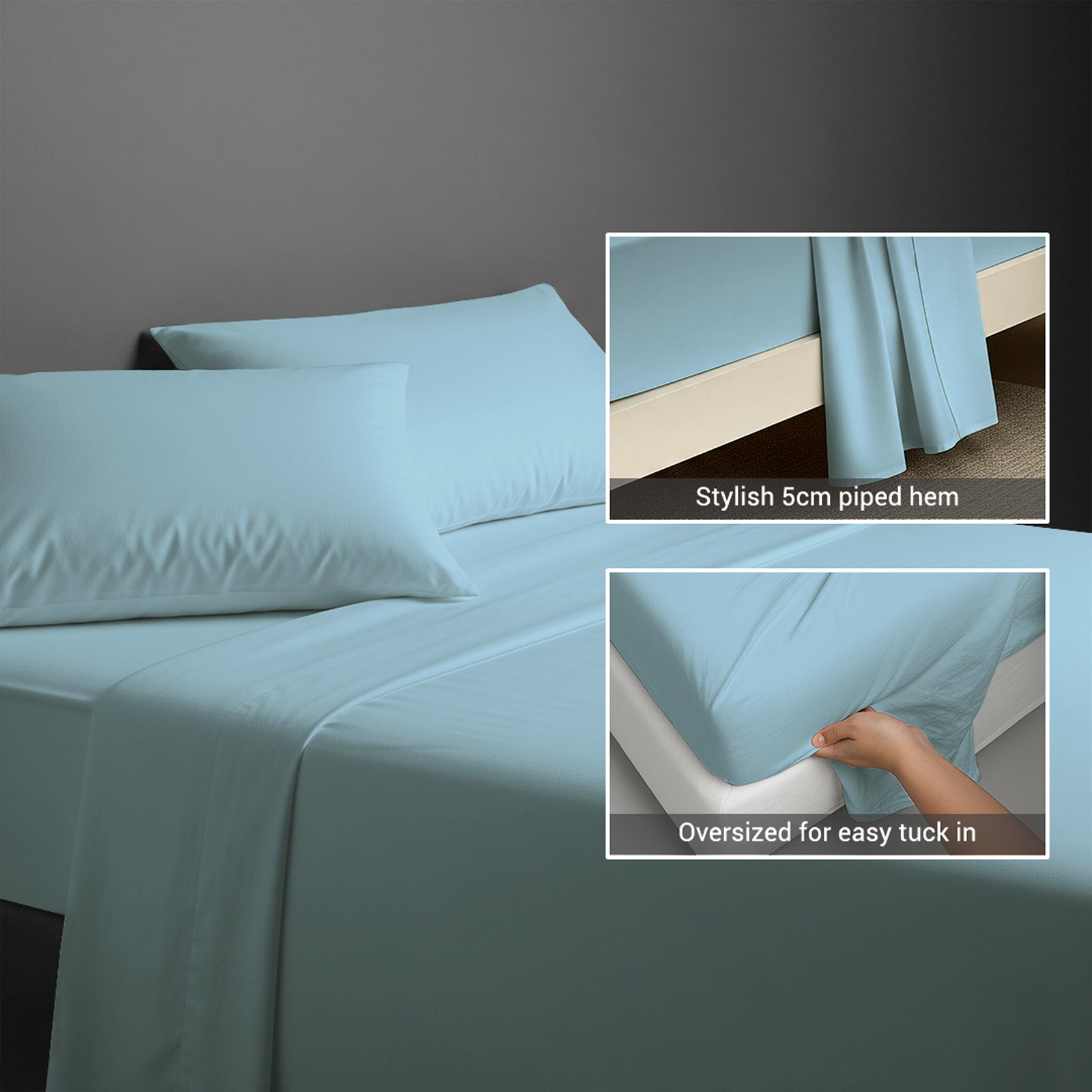 600 thread count baby blue cotton flat sheet double size with 5cm piped hem oversized for easy tuck in