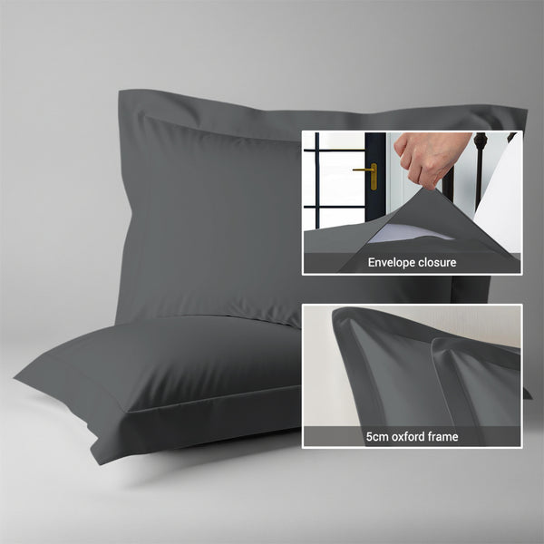 600 thread count dark grey envelope closure pillowcases oxford standard style secure fit skin friendly cotton with 5cm frame
