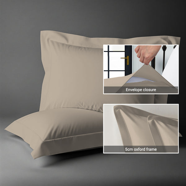600 thread count simply taupe envelope closure pillowcases oxford standard style secure fit skin friendly cotton with 5cm frame
